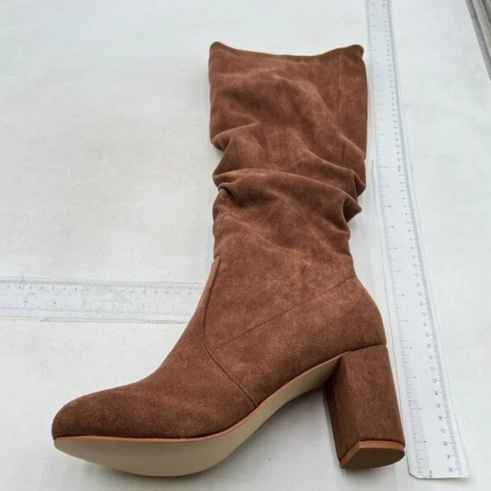 Women's Chunky Heel Knee High Boots Round Toe Tall Boots Block Heel Suede Boots